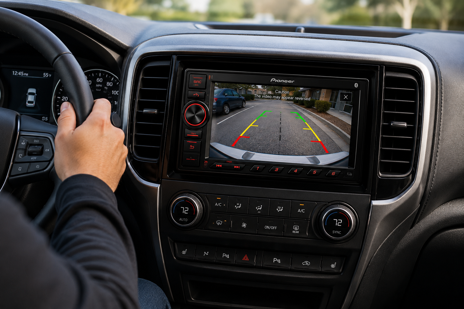 Driver viewing a backup camera image on an in-dash car stereo
