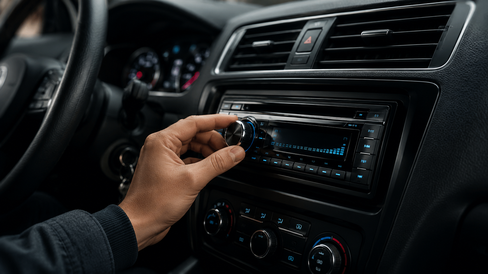 Hand reaching for a car stereo inside a vehicle