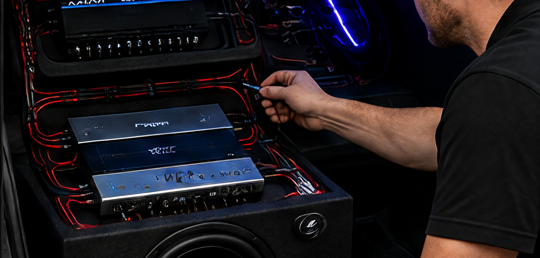 Installer working on a custom amplifier and subwoofer installation in a vehicle trunk