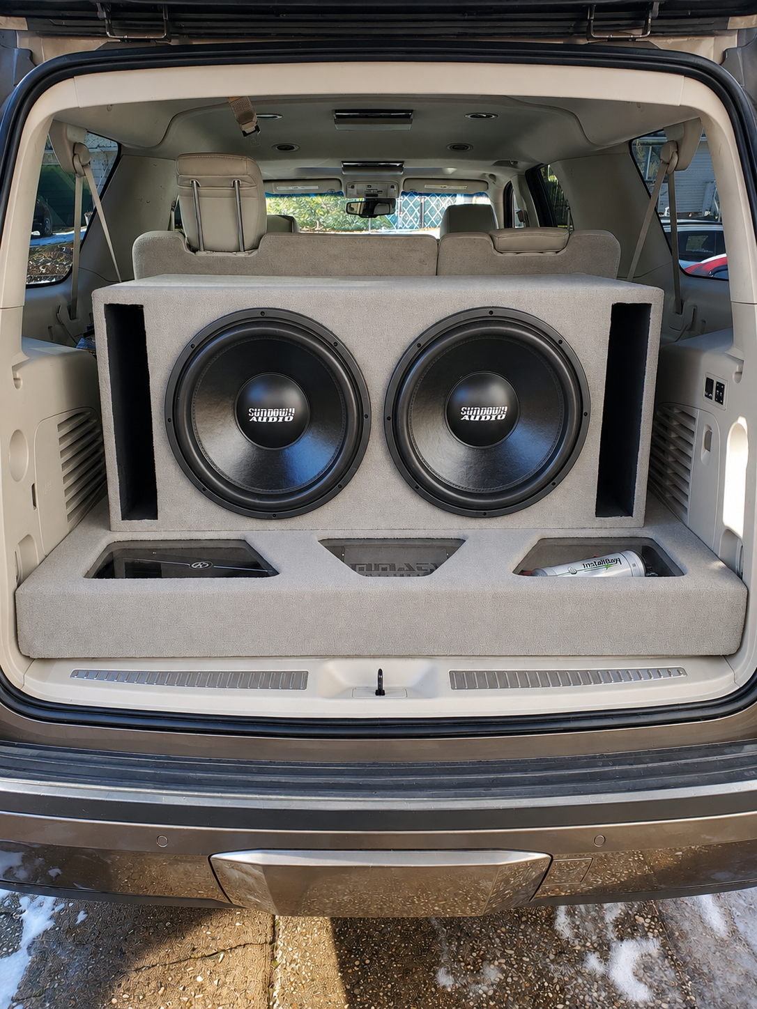 2015 Cadillac Escalade custom trunk with Sundown Audio subwoofers, amplifiers and capacitors