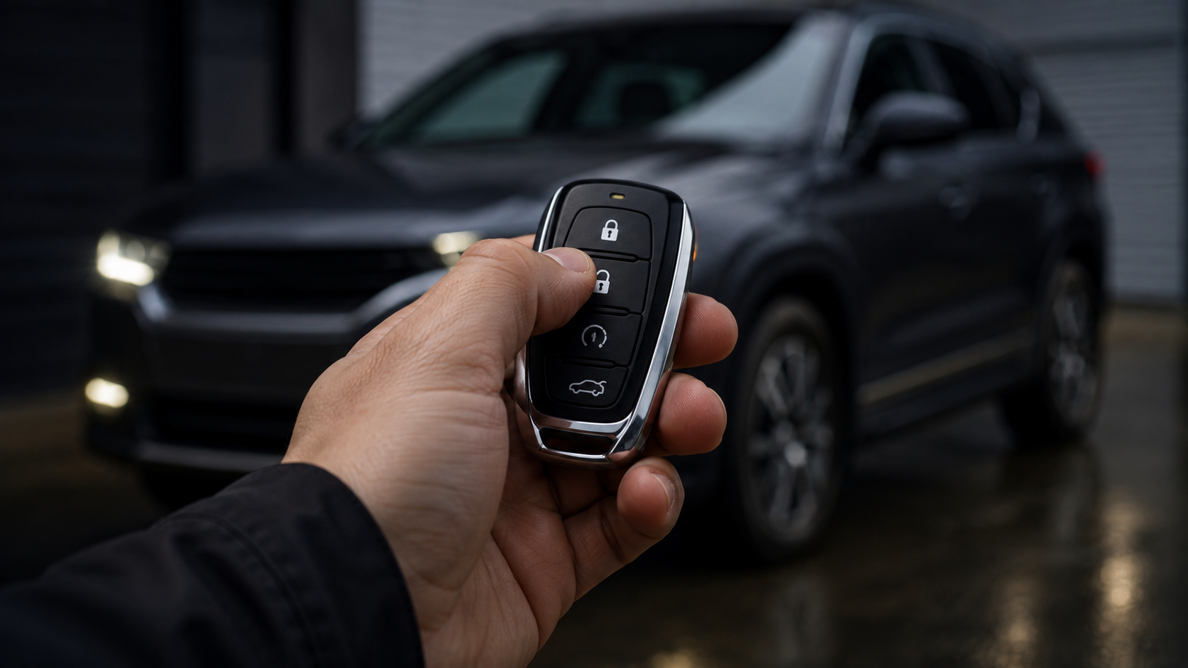 Hand pressing a car key fob with vehicle in background
